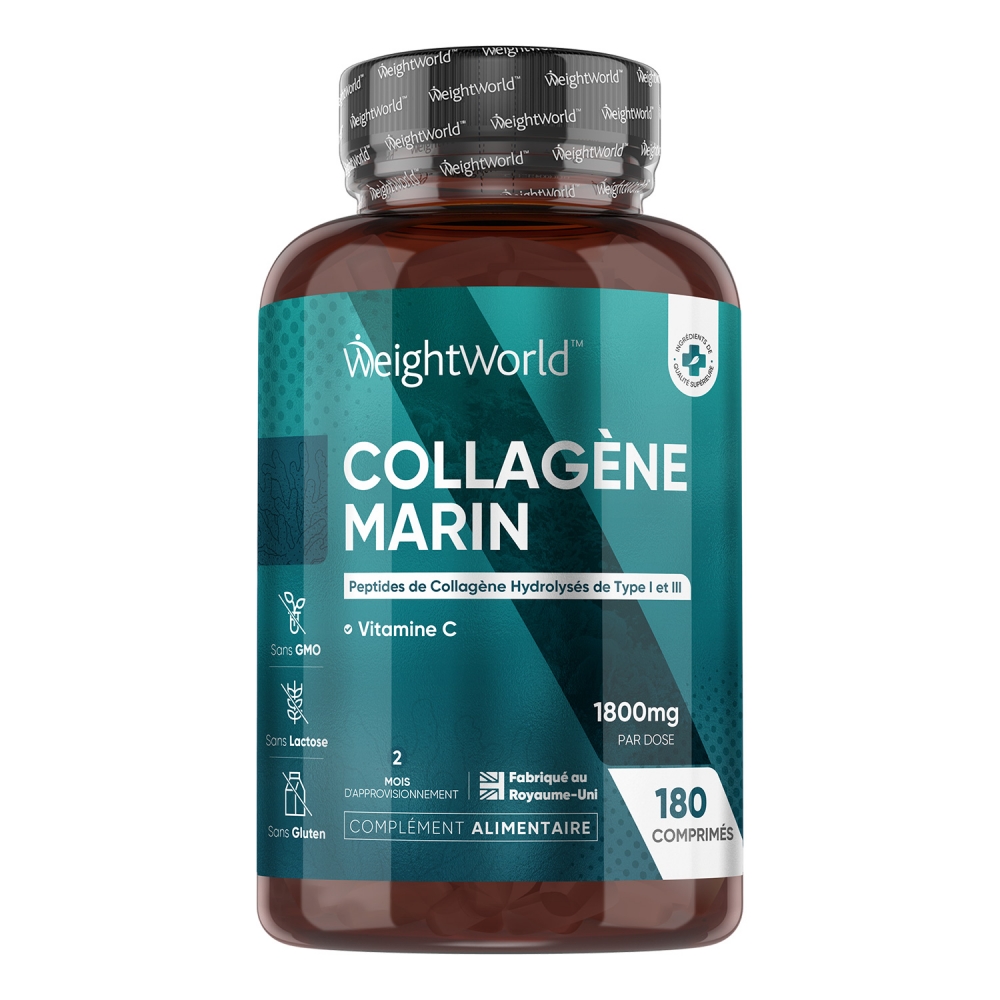 Colágeno Marino - Suplemento con Péptidos de Colágeno Hidrolizado Tipo 1 y 3 y Vitamina C - 1800 mg 180 comprimidos