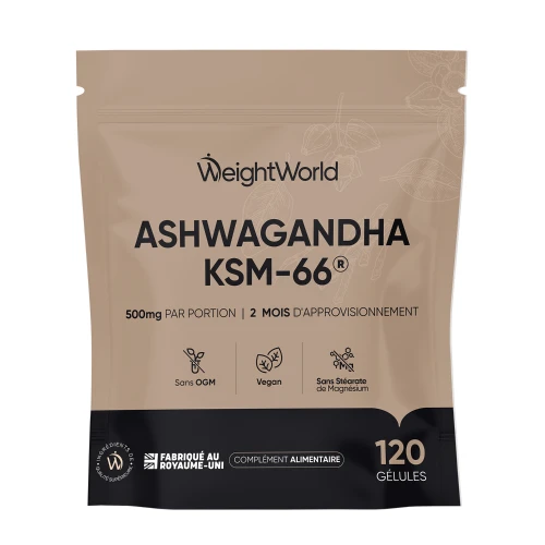 Cápsulas de Ashwagandha KSM-66 500 mg - Suplemento Vegano, sin OGM ni Estearato de Magnesio