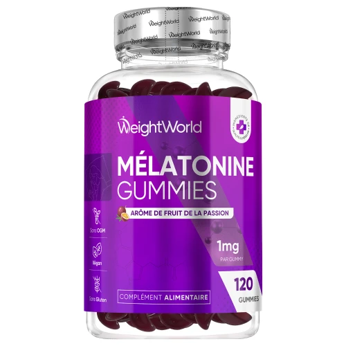 Gomitas de Melatonina 1 mg 120 Gummies - Con Pasiflora y Vitamina B6 para Regulación del Sueño y Jet Lag