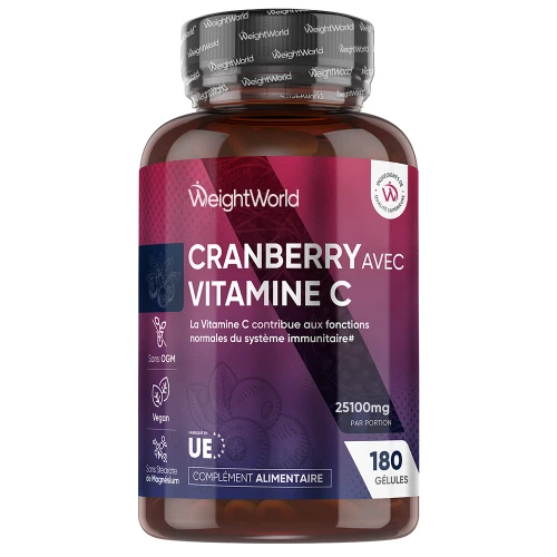 Weightworld Cranberry En Gélules Et Vitamine C - 180 Gélules De 25000Mg Pour Le Confort Urinaire