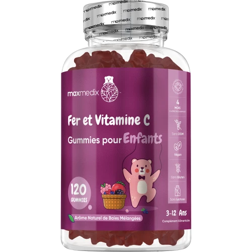 Maxmedix Fer Et Vitamine C En Gummies - Contribue À Renforcer Le Développement Et L’immunité Des Enfants - 120 Gummies